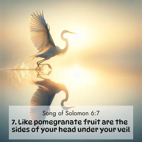 BasicEnglish Song of Solomon  ; image nature: image with the bible verse :Like pomegranate fruit are the sides of your head under your veil. ; Explore a unique collection of Bible verses illustrated by winter landscapes, such as snowy mountains, frosty forests, and starry skies. These images capture the peace and beauty of winter. Share verses like KJV Song of Solomon 6:7. Current verse is overlayed with the thematic nature scene : A great egret lifts from mirror-still water. Sunrise sets its wings ablaze. ; 6:7