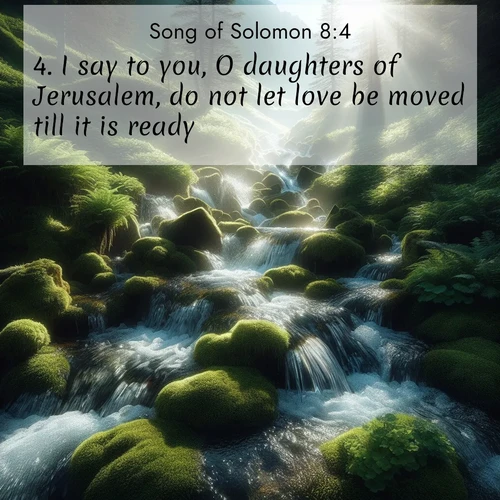 BasicEnglish Song of Solomon  ; image nature: image with the bible verse :I say to you, O daughters of Jerusalem, do not let love be moved till it is ready. ; Browse beautiful Bible verse images accompanied by peaceful scenes like calm seas, ancient forests, and radiant horizons. Download high-quality, free images featuring verses such as KJV Song of Solomon 8:4. Current verse is overlayed with the thematic nature scene : Mountain streams tumble through moss. Sunlight creates crystal prisms. ; 8:4