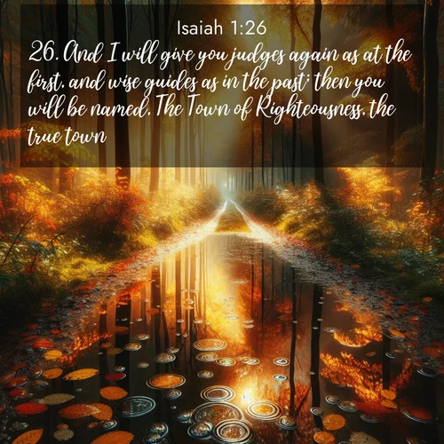 BBE Isaiah 1:26 overlaying nature image scene: Autumn colors reflect in rain puddles on a forest path.;26. And I will give you judges again as at the first, and wise guides as in the past; then you will be named, The Town of Righteousness, the true town.
