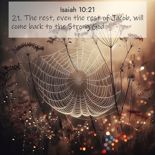 BasicEnglish Isaiah  ; image nature: image with the bible verse :The rest, even the rest of Jacob, will come back to the Strong God. ; Explore free Bible verse images with stunning nature themes, including sunlit paths, forest clearings, and endless horizons. Perfect for desktop backgrounds or phone wallpapers. Verses include KJV Isaiah 10:21. Current verse is overlayed with the thematic nature scene : Morning fog reveals spider galaxies. Dew drops capture rainbow light. ; 10:21