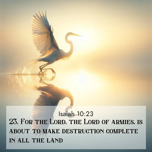 BasicEnglish Isaiah  ; image nature: image with the bible verse :For the Lord, the Lord of armies, is about to make destruction complete in all the land. ; Download inspiring Bible verse images featuring stunning natural vistas, from tropical islands to rolling hills. These free images make perfect wallpapers or gifts. Share verses like KJV Isaiah 10:23. Current verse is overlayed with the thematic nature scene : A great egret lifts from mirror-still water. Sunrise sets its wings ablaze. ; 10:23