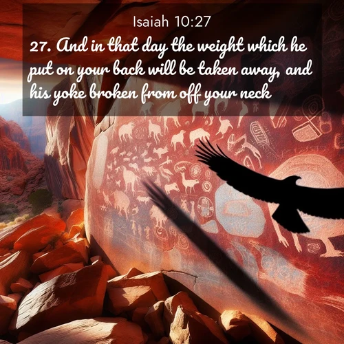 BasicEnglish Isaiah  ; image nature: image with the bible verse :And in that day the weight which he put on your back will be taken away, and his yoke broken from off your neck. ; Discover a rich selection of Bible verse images illustrated by natural landscapes like tranquil beaches, golden fields, and majestic trees. These images aim to capture the peace and beauty of God&#039;s creation, with vibrant colors and varied typography. Download and share inspiring verses like KJV Isaiah 10:27. Current verse is overlayed with the thematic nature scene : Ancient petroglyphs weather on red canyon walls. A circling hawk&#039;s shadow passes over the timeless art. ; 10:27