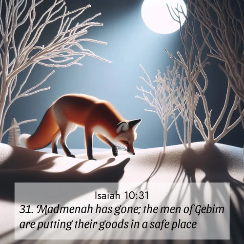 BasicEnglish Isaiah  ; image nature: image with the bible verse :Madmenah has gone; the men of Gebim are putting their goods in a safe place. ; Browse our collection of Bible verses paired with captivating photos of God’s creation, like crystal-clear lakes, majestic cliffs, and colorful skies. All images are free for download and sharing. Verse examples include KJV Isaiah 10:31. Current verse is overlayed with the thematic nature scene : A red fox hunts through pristine snow. Moon shadows dance between bare trees. ; 10:31