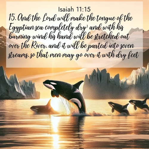 BBE Isaiah 11:15 overlaying nature image scene: Wild orcas breach in sunset-painted waters. Their splashes echo off glacier walls.;15. And the Lord will make the tongue of the Egyptian sea completely dry; and with his burning wind his hand will be stretched out over the River, and it will be parted into seven streams, so that men may go over it with dry feet.
