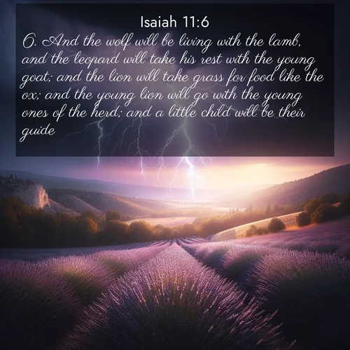 BBE Isaiah 11:6 overlaying nature image scene: Lightning illuminates a field of lavender in the Provence countryside. Thunder rolls across the valley like distant drums.;6. And the wolf will be living with the lamb, and the leopard will take his rest with the young goat; and the lion will take grass for food like the ox; and the young lion will go with the young ones of the herd; and a little child will be their guide.