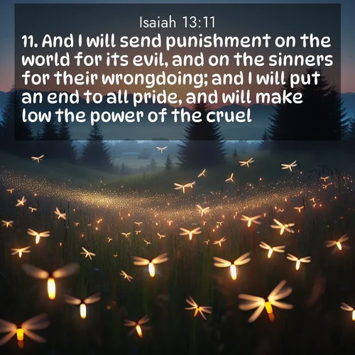 BBE Isaiah 13:11 overlaying nature image scene: Lightning bugs rise from summer meadows at dusk. Their lights dance like earthbound stars.;11. And I will send punishment on the world for its evil, and on the sinners for their wrongdoing; and I will put an end to all pride, and will make low the power of the cruel.
