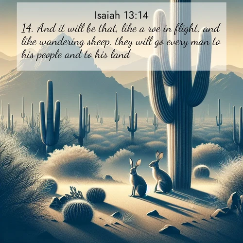 BBE Isaiah 13:14 overlaying nature image scene: Desert jackrabbits pause in saguaro shade. Heat waves distort distant peaks.;14. And it will be that, like a roe in flight, and like wandering sheep, they will go every man to his people and to his land.
