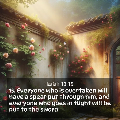 BBE Isaiah 13:15 overlaying nature image scene: Wild roses climb abandoned walls. Time stands still in secret gardens.;15. Everyone who is overtaken will have a spear put through him, and everyone who goes in flight will be put to the sword.