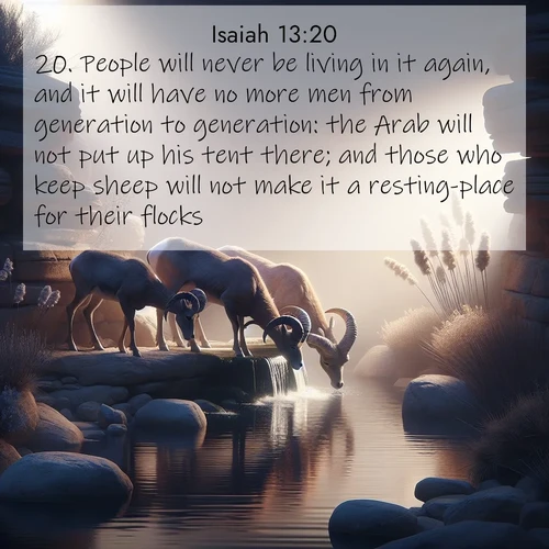 BBE Isaiah 13:20 overlaying nature image scene: Desert bighorns drink from hidden springs. Time flows like water through stone.;20. People will never be living in it again, and it will have no more men from generation to generation: the Arab will not put up his tent there; and those who keep sheep will not make it a resting-place for their flocks.
