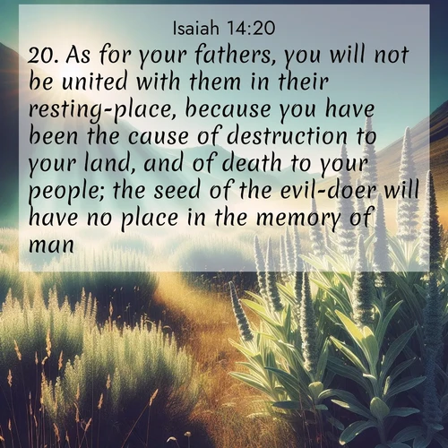BBE Isaiah 14:20 overlaying nature image scene: Summer heat brings out the scent of sage in mountain meadows.;20. As for your fathers, you will not be united with them in their resting-place, because you have been the cause of destruction to your land, and of death to your people; the seed of the evil-doer will have no place in the memory of man.