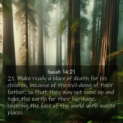BBE Isaiah 14:21 overlaying nature image scene: Coastal redwoods disappear into the fog high above a fern grove.;21. Make ready a place of death for his children, because of the evil-doing of their father; so that they may not come up and take the earth for their heritage, covering the face of the world with waste places.

