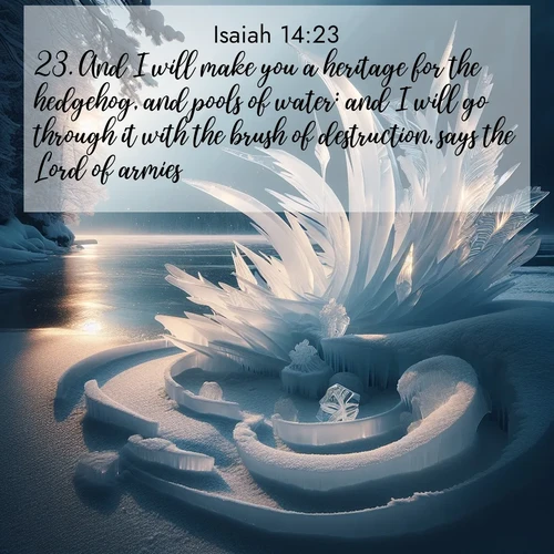 BBE Isaiah 14:23 overlaying nature image scene: Winter ice forms abstract sculptures along a lake shore.;23. And I will make you a heritage for the hedgehog, and pools of water: and I will go through it with the brush of destruction, says the Lord of armies.
