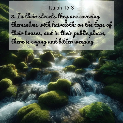 BBE Isaiah 15:3 overlaying nature image scene: Mountain streams tumble through moss. Sunlight creates crystal prisms.;3. In their streets they are covering themselves with haircloth: on the tops of their houses, and in their public places, there is crying and bitter weeping.
