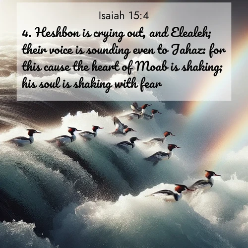BBE Isaiah 15:4 overlaying nature image scene: Wild mergansers ride white water rapids. Spray creates endless rainbows.;4. Heshbon is crying out, and Elealeh; their voice is sounding even to Jahaz: for this cause the heart of Moab is shaking; his soul is shaking with fear.
