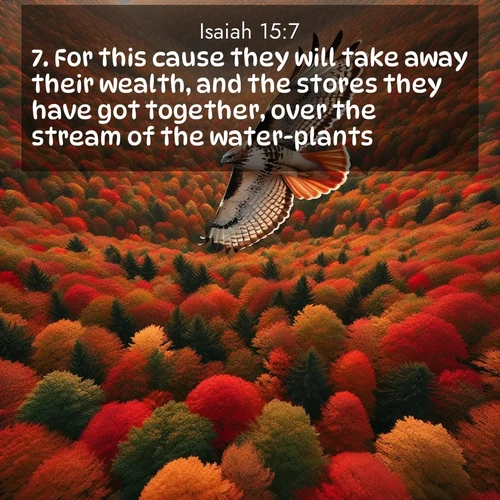 BasicEnglish Isaiah  ; image nature: image with the bible verse :For this cause they will take away their wealth, and the stores they have got together, over the stream of the water-plants. ; Explore an exceptional collection of Bible verse images accompanied by photos of nature, showcasing snowy mountains, serene forests, and still lakes. These images feature luminous tones and varied fonts to bring serenity and inspiration. Share uplifting verses like KJV Isaiah 15:7. Current verse is overlayed with the thematic nature scene : A red-tailed hawk circles above autumn woods. Leaves below form a mosaic of fire. ; 15:7