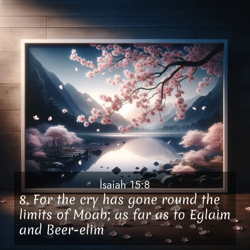 BBE Isaiah 15:8 overlaying nature image scene: Cherry blossoms swirl in a spring breeze. Their petals dust the surface of a still mountain pond.;8. For the cry has gone round the limits of Moab; as far as to Eglaim and Beer-elim.