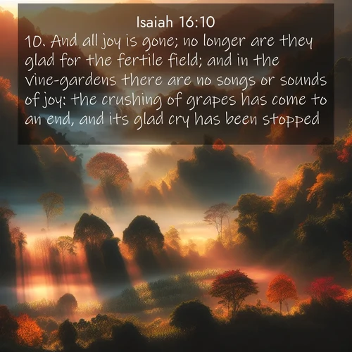 BBE Isaiah 16:10 overlaying nature image scene: Autumn mist rises from warming morning valleys.;10. And all joy is gone; no longer are they glad for the fertile field; and in the vine-gardens there are no songs or sounds of joy: the crushing of grapes has come to an end, and its glad cry has been stopped.
