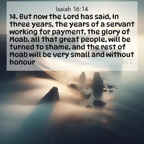 BBE Isaiah 16:14 overlaying nature image scene: Coastal fog reveals and conceals seaside cliffs.;14. But now the Lord has said, In three years, the years of a servant working for payment, the glory of Moab, all that great people, will be turned to shame, and the rest of Moab will be very small and without honour.