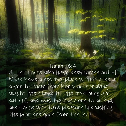 BBE Isaiah 16:4 overlaying nature image scene: Wild trillium carpets the forest floor. Sunlight filters green through new spring leaves.;4. Let those who have been forced out of Moab have a resting-place with you; be a cover to them from him who is making waste their land: till the cruel ones are cut off, and wasting has come to an end, and those who take pleasure in crushing the poor are gone from the land.