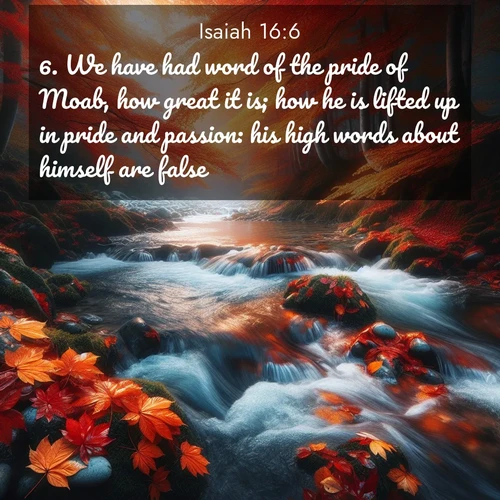 BBE Isaiah 16:6 overlaying nature image scene: Autumn leaves swirl in eddies along a mountain stream.;6. We have had word of the pride of Moab, how great it is; how he is lifted up in pride and passion: his high words about himself are false.