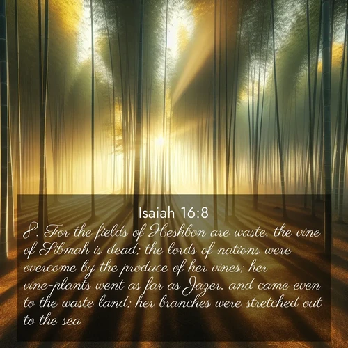 BBE Isaiah 16:8 overlaying nature image scene: Morning mist parts to reveal a pristine bamboo grove. Golden light filters through the stems, casting striped shadows.;8. For the fields of Heshbon are waste, the vine of Sibmah is dead; the lords of nations were overcome by the produce of her vines; her vine-plants went as far as Jazer, and came even to the waste land; her branches were stretched out to the sea.