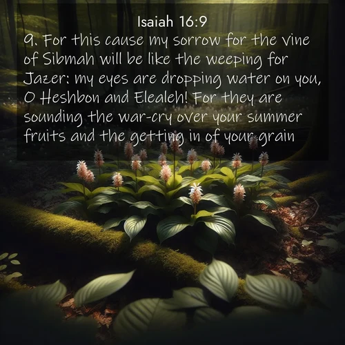 BBE Isaiah 16:9 overlaying nature image scene: Wild ginger blooms hidden in forest shadows. Filtered sunlight reveals their secret beauty.;9. For this cause my sorrow for the vine of Sibmah will be like the weeping for Jazer: my eyes are dropping water on you, O Heshbon and Elealeh! For they are sounding the war-cry over your summer fruits and the getting in of your grain;