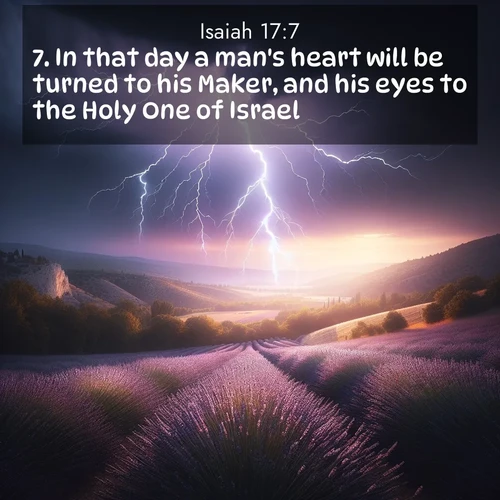 BasicEnglish Isaiah  ; image nature: image with the bible verse :In that day a man&#039;s heart will be turned to his Maker, and his eyes to the Holy One of Israel. ; Dive into our collection of Bible verse images beautifully illustrated with beach photos, featuring gentle waves, sunsets over the sea, and sandy shores. These scenes evoke the peace and majesty of God. Download and share inspiring verses like KJV Isaiah 17:7. Current verse is overlayed with the thematic nature scene : Lightning illuminates a field of lavender in the Provence countryside. Thunder rolls across the valley like distant drums. ; 17:7