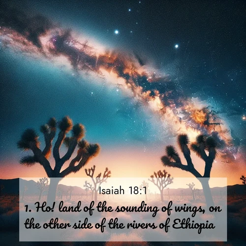 BBE Isaiah 18:1 overlaying nature image scene: Joshua trees reach twisted arms to desert stars. The Milky Way arcs overhead like a river of light.;1. Ho! land of the sounding of wings, on the other side of the rivers of Ethiopia: