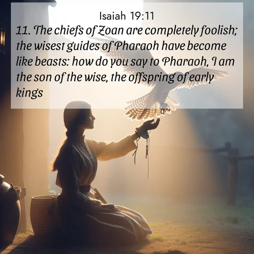 BBE Isaiah 19:11 overlaying nature image scene: A falconer releases his bird. Wind lifts magnificent wings.;11. The chiefs of Zoan are completely foolish; the wisest guides of Pharaoh have become like beasts: how do you say to Pharaoh, I am the son of the wise, the offspring of early kings?