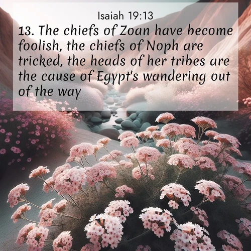 BBE Isaiah 19:13 overlaying nature image scene: Desert verbena blooms in hidden washes. Flash floods carved these secret gardens.;13. The chiefs of Zoan have become foolish, the chiefs of Noph are tricked, the heads of her tribes are the cause of Egypt's wandering out of the way.