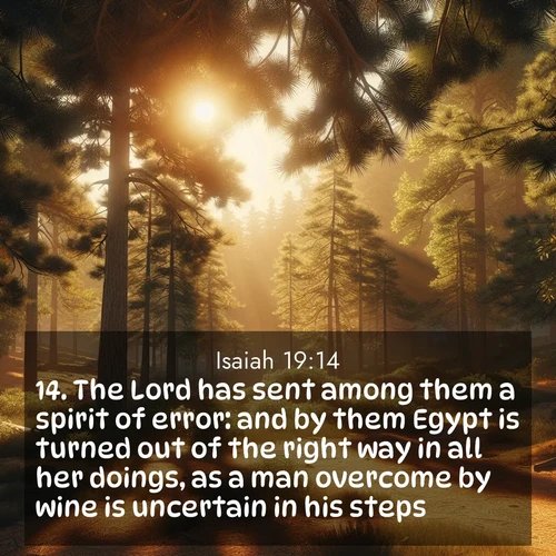 BBE Isaiah 19:14 overlaying nature image scene: Summer heat brings out the scent of pine needles.;14. The Lord has sent among them a spirit of error: and by them Egypt is turned out of the right way in all her doings, as a man overcome by wine is uncertain in his steps.
