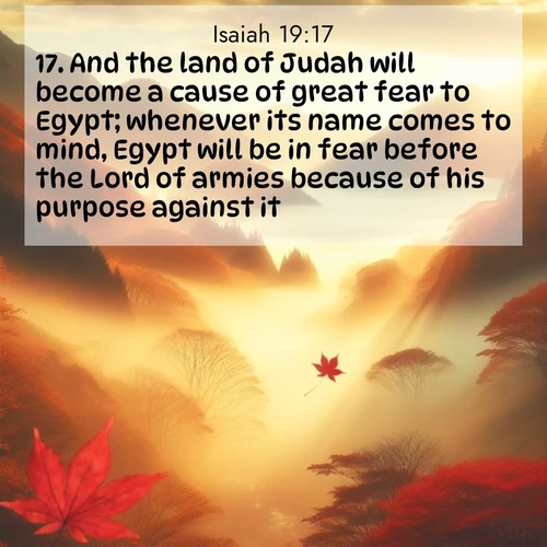 BBE Isaiah 19:17 overlaying nature image scene: Autumn fog fills a mountain valley. A red maple leaf drifts through golden light.;17. And the land of Judah will become a cause of great fear to Egypt; whenever its name comes to mind, Egypt will be in fear before the Lord of armies because of his purpose against it.