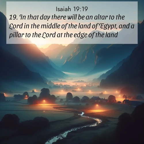 BBE Isaiah 19:19 overlaying nature image scene: Morning mist rises from valley streams. Birdsong heralds the dawn chorus.;19. In that day there will be an altar to the Lord in the middle of the land of Egypt, and a pillar to the Lord at the edge of the land.