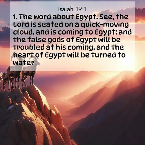 BBE Isaiah 19:1 overlaying nature image scene: Desert bighorns pause on a knife-edge ridge. Sunset paints their horns in gold.;1. The word about Egypt. See, the Lord is seated on a quick-moving cloud, and is coming to Egypt: and the false gods of Egypt will be troubled at his coming, and the heart of Egypt will be turned to water.