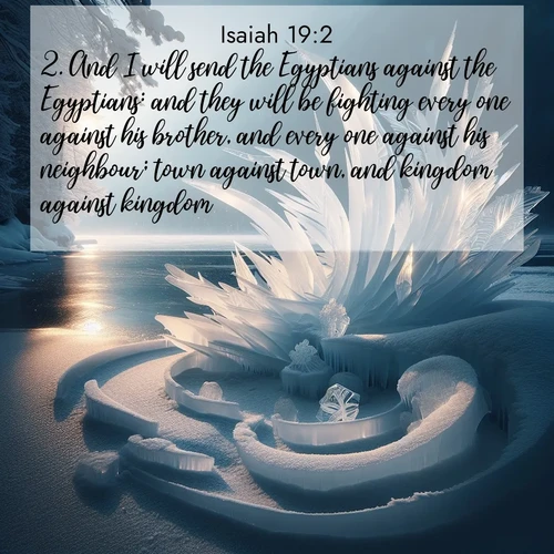 BBE Isaiah 19:2 overlaying nature image scene: Winter ice forms abstract sculptures along a lake shore.;2. And I will send the Egyptians against the Egyptians: and they will be fighting every one against his brother, and every one against his neighbour; town against town, and kingdom against kingdom.