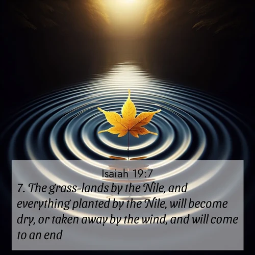 BBE Isaiah 19:7 overlaying nature image scene: A single maple leaf floats on black water. Concentric ripples spread outward into infinity.;7. The grass-lands by the Nile, and everything planted by the Nile, will become dry, or taken away by the wind, and will come to an end.