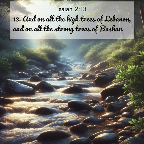 BBE Isaiah 2:13 overlaying nature image scene: A mountain stream tumbles over smooth rocks between banks of mountain laurel.;13. And on all the high trees of Lebanon, and on all the strong trees of Bashan;