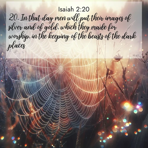 BBE Isaiah 2:20 overlaying nature image scene: Morning fog reveals spider web galaxies. Dew drops catch rainbow light.;20. In that day men will put their images of silver and of gold, which they made for worship, in the keeping of the beasts of the dark places;