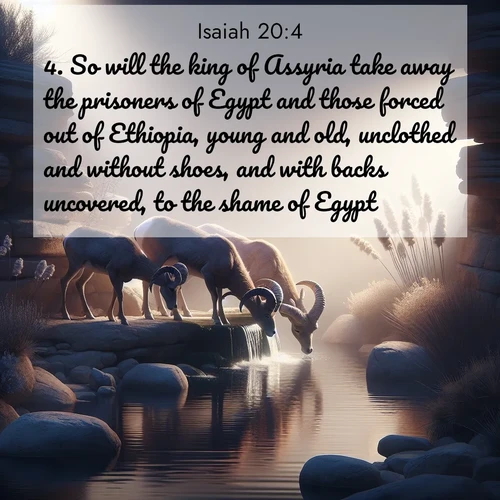 BasicEnglish Isaiah  ; image nature: image with the bible verse :So will the king of Assyria take away the prisoners of Egypt and those forced out of Ethiopia, young and old, unclothed and without shoes, and with backs uncovered, to the shame of Egypt. ; Discover our unique collection of Bible verse images integrated with photos showcasing the majesty of nature, such as rocky mountains, ancient trees, and crystal-clear lakes. These images feature luminous colors and text in varied fonts, reflecting the harmony of God&#039;s creation. Download verses like KJV Isaiah 20:4. Current verse is overlayed with the thematic nature scene : Desert bighorns drink from hidden springs. Time flows like water through stone. ; 20:4