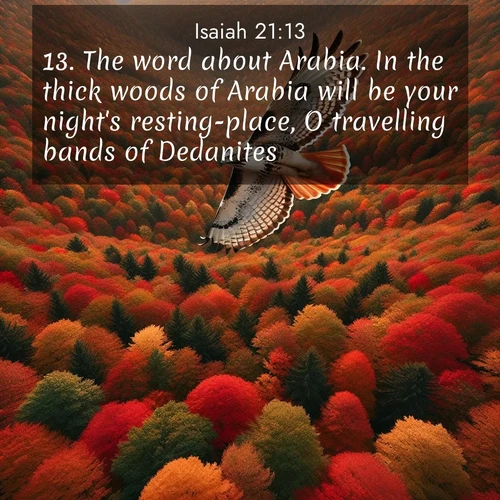 BBE Isaiah 21:13 overlaying nature image scene: A red-tailed hawk circles above autumn woods. Leaves below form a mosaic of fire.;13. The word about Arabia. In the thick woods of Arabia will be your night's resting-place, O travelling bands of Dedanites!