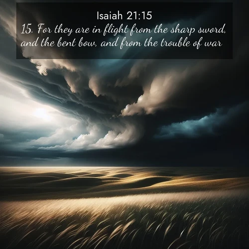 BBE Isaiah 21:15 overlaying nature image scene: Storm clouds gather over windswept grasslands, prairie grass rippling like waves beneath the darkening sky.;15. For they are in flight from the sharp sword, and the bent bow, and from the trouble of war.