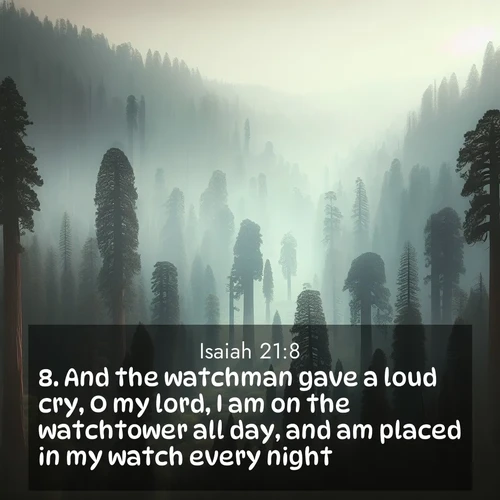 BBE Isaiah 21:8 overlaying nature image scene: Ancient sequoias pierce through valley fog. Centuries of growth reach for filtered light.;8. And the watchman gave a loud cry, O my lord, I am on the watchtower all day, and am placed in my watch every night: