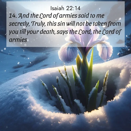 BasicEnglish Isaiah  ; image nature: image with the bible verse :And the Lord of armies said to me secretly, Truly, this sin will not be taken from you till your death, says the Lord, the Lord of armies. ; Admire our autumnal collection of Bible verse images accompanied by photos of paths lined with red and yellow leaves, fiery forests, and calm rivers. These images inspire reflection and serenity. Share verses like KJV Isaiah 22:14. Current verse is overlayed with the thematic nature scene : Wild iris breaks through spring snow. Alpine light ignites petals. ; 22:14