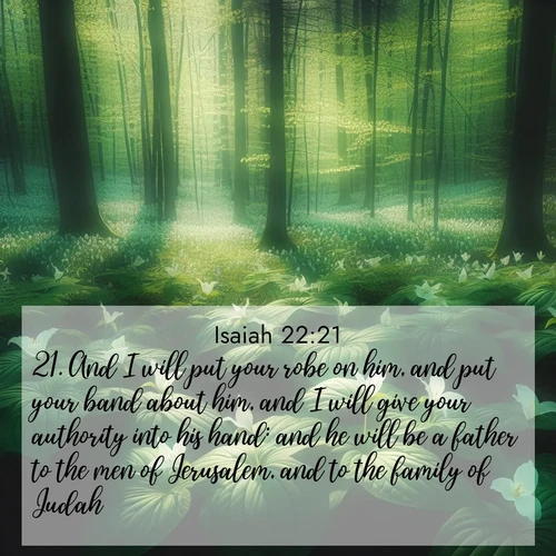 BasicEnglish Isaiah  ; image nature: image with the bible verse :And I will put your robe on him, and put your band about him, and I will give your authority into his hand: and he will be a father to the men of Jerusalem, and to the family of Judah. ; Discover our unique collection of Bible verse images integrated with photos showcasing the majesty of nature, such as rocky mountains, ancient trees, and crystal-clear lakes. These images feature luminous colors and text in varied fonts, reflecting the harmony of God&#039;s creation. Download verses like KJV Isaiah 22:21. Current verse is overlayed with the thematic nature scene : Wild trillium dots the forest floor. Green light filters through spring leaves. ; 22:21