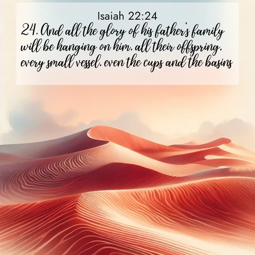 BasicEnglish Isaiah  ; image nature: image with the bible verse :And all the glory of his father&#039;s family will be hanging on him, all their offspring, every small vessel, even the cups and the basins. ; Discover our curated gallery of Bible verse images with breathtaking scenery, from tranquil deserts to lush green pastures. Perfect for phone wallpapers or sharing online. Download verses like KJV Isaiah 22:24. Current verse is overlayed with the thematic nature scene : Desert wind sculpts perfect ripples in red sand. Twilight paints the dunes in watercolor hues. ; 22:24