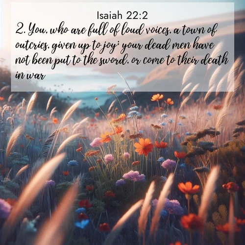 BasicEnglish Isaiah  ; image nature: image with the bible verse :You, who are full of loud voices, a town of outcries, given up to joy; your dead men have not been put to the sword, or come to their death in war. ; Browse beautiful Bible verse images accompanied by peaceful scenes like calm seas, ancient forests, and radiant horizons. Download high-quality, free images featuring verses such as KJV Isaiah 22:2. Current verse is overlayed with the thematic nature scene : Summer wildflowers wave in the breeze on coastal bluffs. ; 22:2