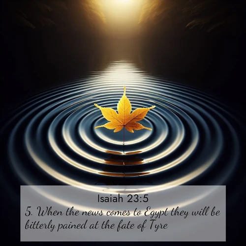 BBE Isaiah 23:5 overlaying nature image scene: A single maple leaf floats on black water. Concentric ripples spread outward into infinity.;5. When the news comes to Egypt they will be bitterly pained at the fate of Tyre.