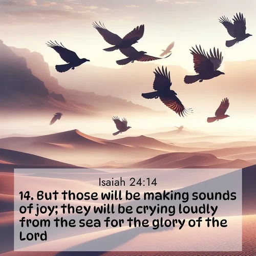 BBE Isaiah 24:14 overlaying nature image scene: Desert ravens soar on thermal currents. Their wings wear shadows like cloaks.;14. But those will be making sounds of joy; they will be crying loudly from the sea for the glory of the Lord.