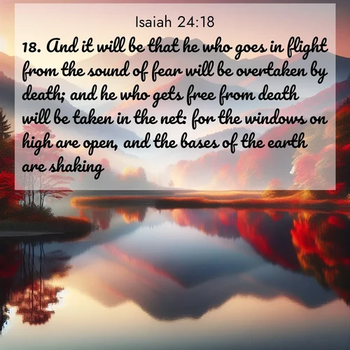BBE Isaiah 24:18 overlaying nature image scene: Autumn colors reflect in a still mountain lake at sunrise.;18. And it will be that he who goes in flight from the sound of fear will be overtaken by death; and he who gets free from death will be taken in the net: for the windows on high are open, and the bases of the earth are shaking.