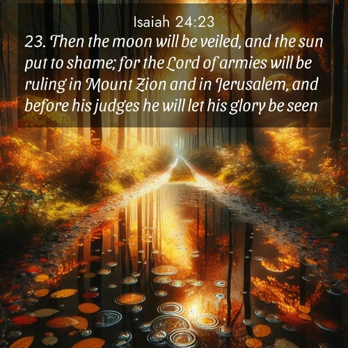 BBE Isaiah 24:23 overlaying nature image scene: Autumn colors reflect in rain puddles on a forest path.;23. Then the moon will be veiled, and the sun put to shame; for the Lord of armies will be ruling in Mount Zion and in Jerusalem, and before his judges he will let his glory be seen.
